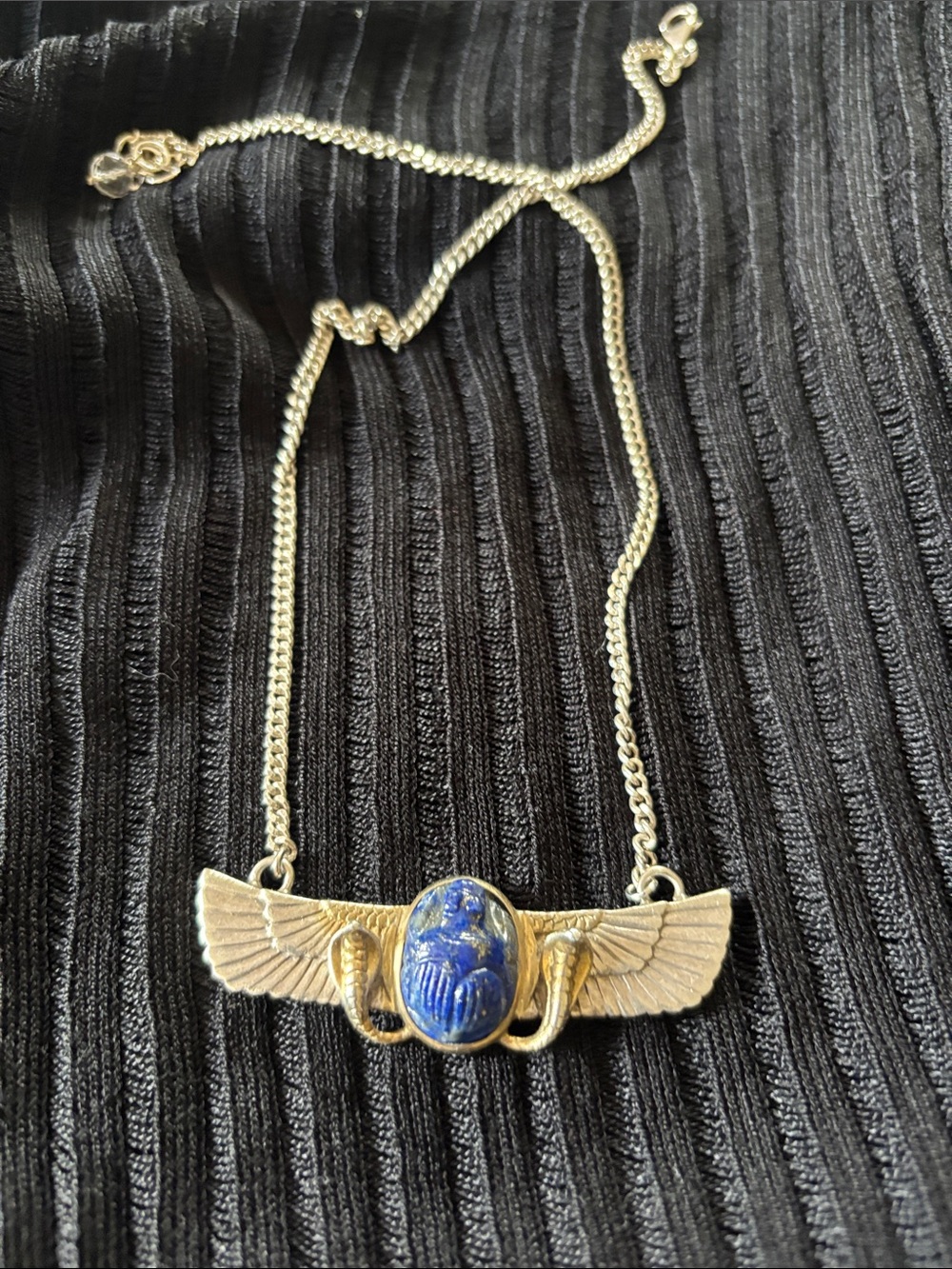 Gold plated, sterling silver Isis - Scarab Wing Necklace with blue lapis lazuli
